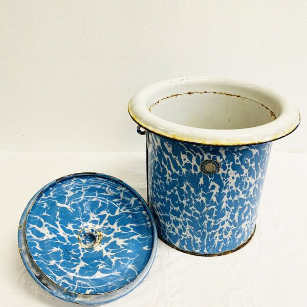 Large French Vintage Blue and White Marbled Enamelware Canister