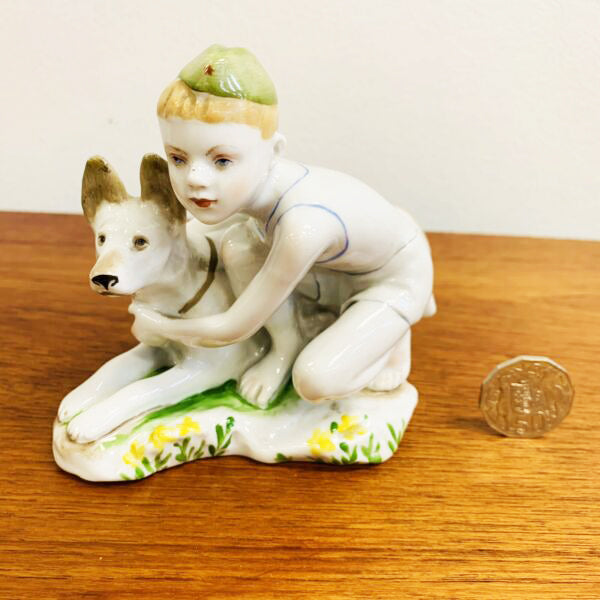 Vintage 1950's Young Border Guard with Dog Russian Porcelain Figurine