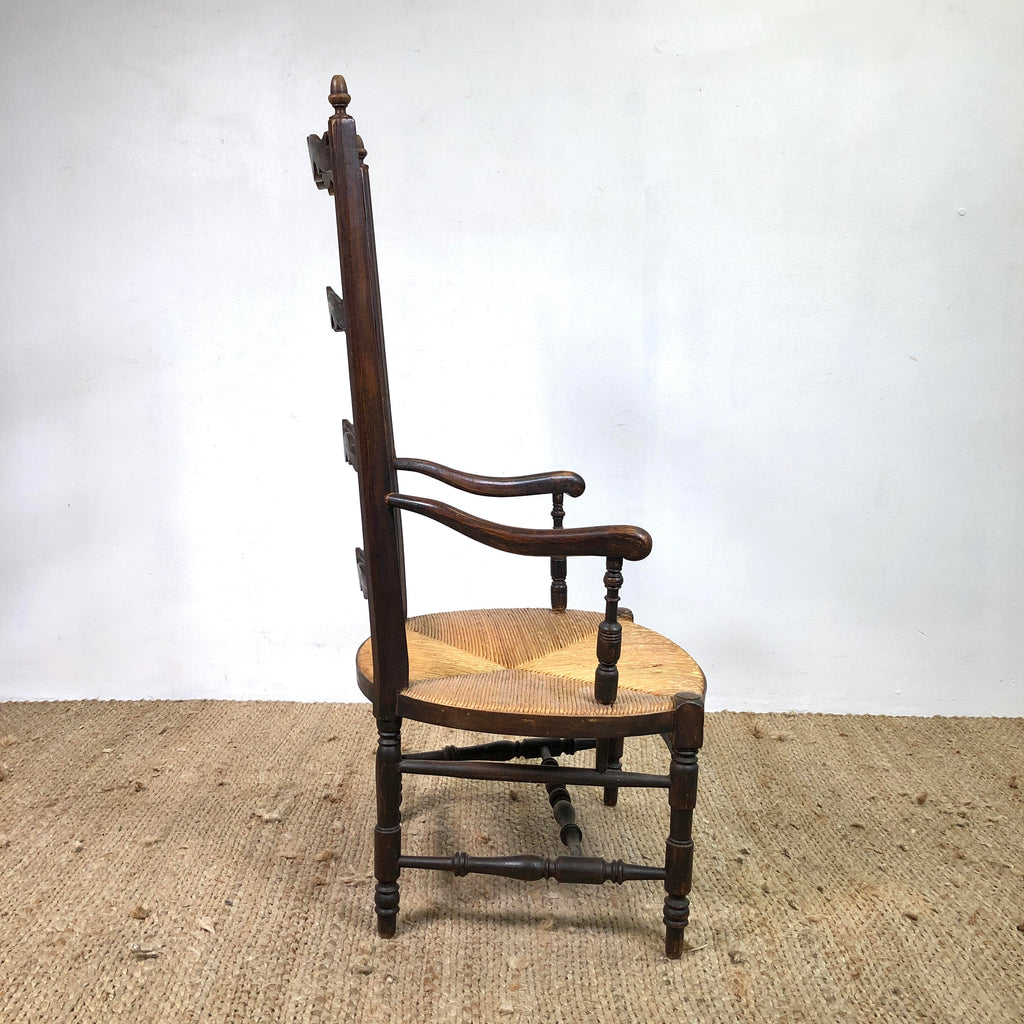 Antique French Ladder Back Rush Seat Armchair