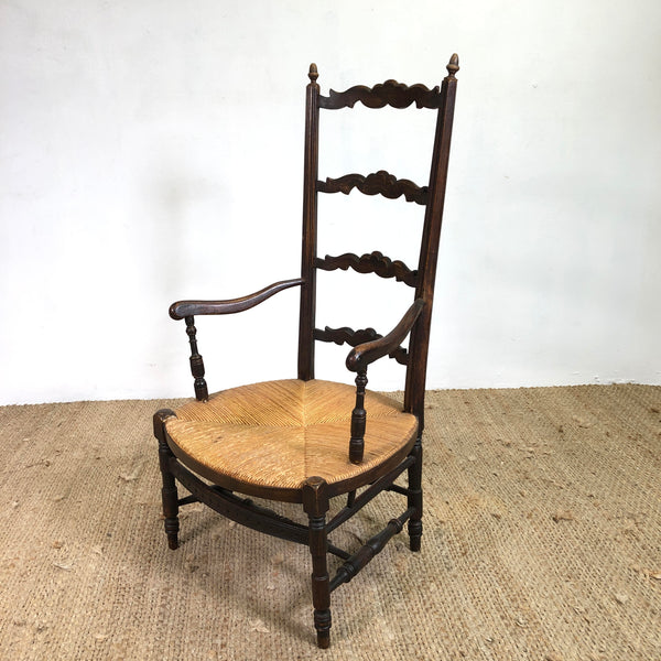 Antique French Ladder Back Rush Seat Armchair