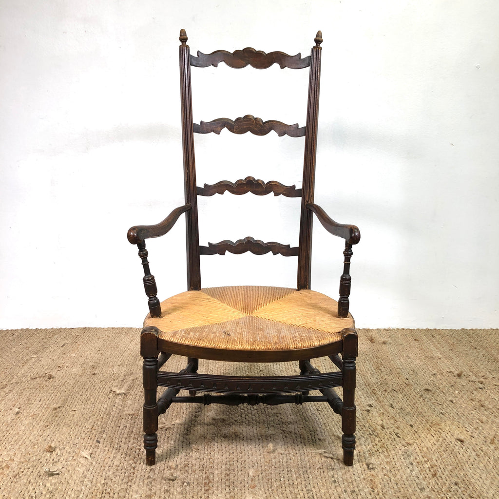 Antique French Ladder Back Rush Seat Armchair